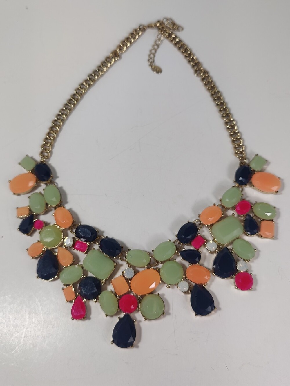 Aldo Statement Bib Necklace Gold Tone Navy Blue Orange Green Acrylic Cabochon